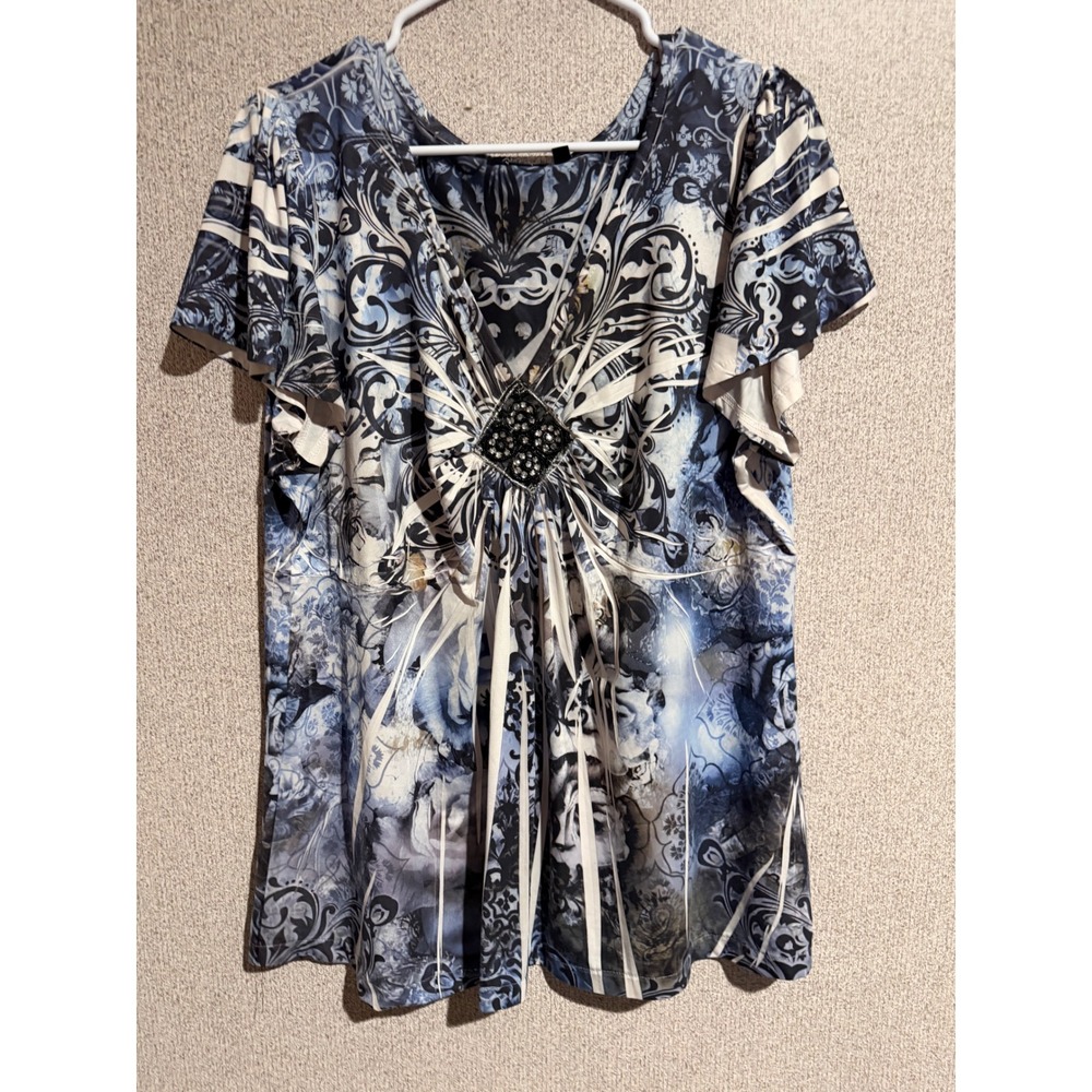 Apt 9 Womens 2X Blue White Damask Floral Beaded V-Neck Tunic Blouse Short Sleeve